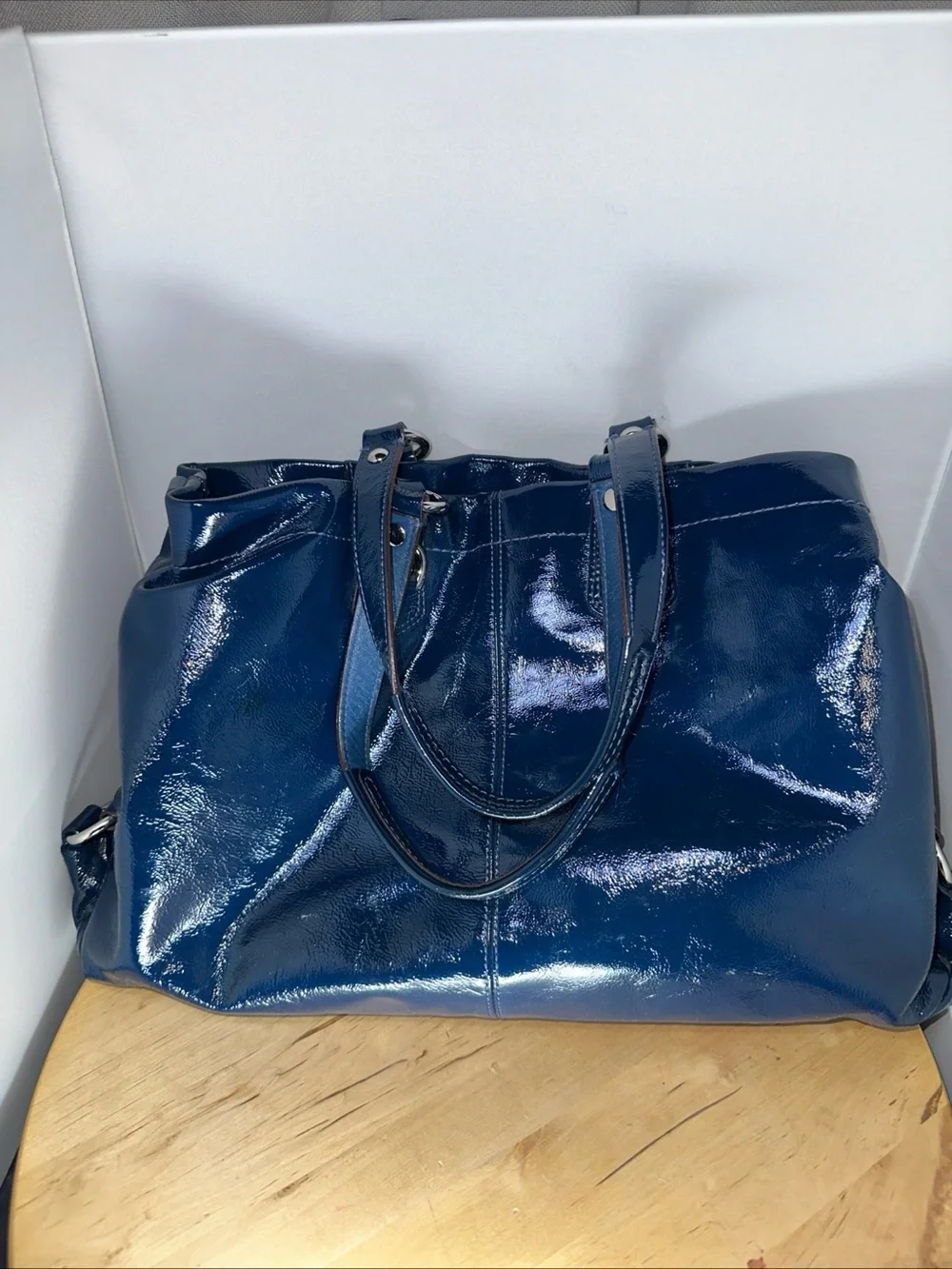 Coach Ashley Patent Leather Dark Blue Large Satchel/ Shoulder Handbag